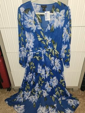 Alexa B. Blue Floral Wrap Maxi Dress with Long Sleeves